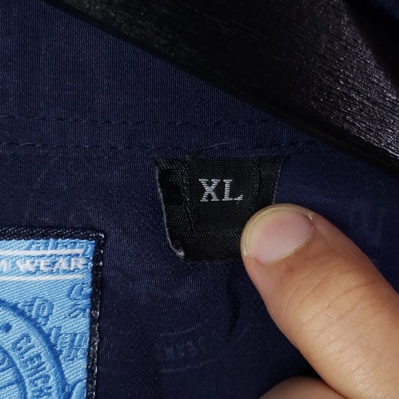 Vtg Clench Jeans 701 Men's XL Navy Blue Spellout Logo Button Up Shirt Y2K - Picture 7 of 9